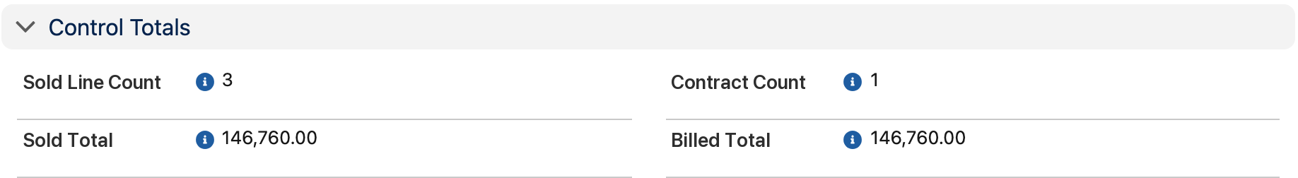 Control totals for the Revenue Cloud records being recognized, with the sold total equal to the billed total at 146,760.00 US dollars
