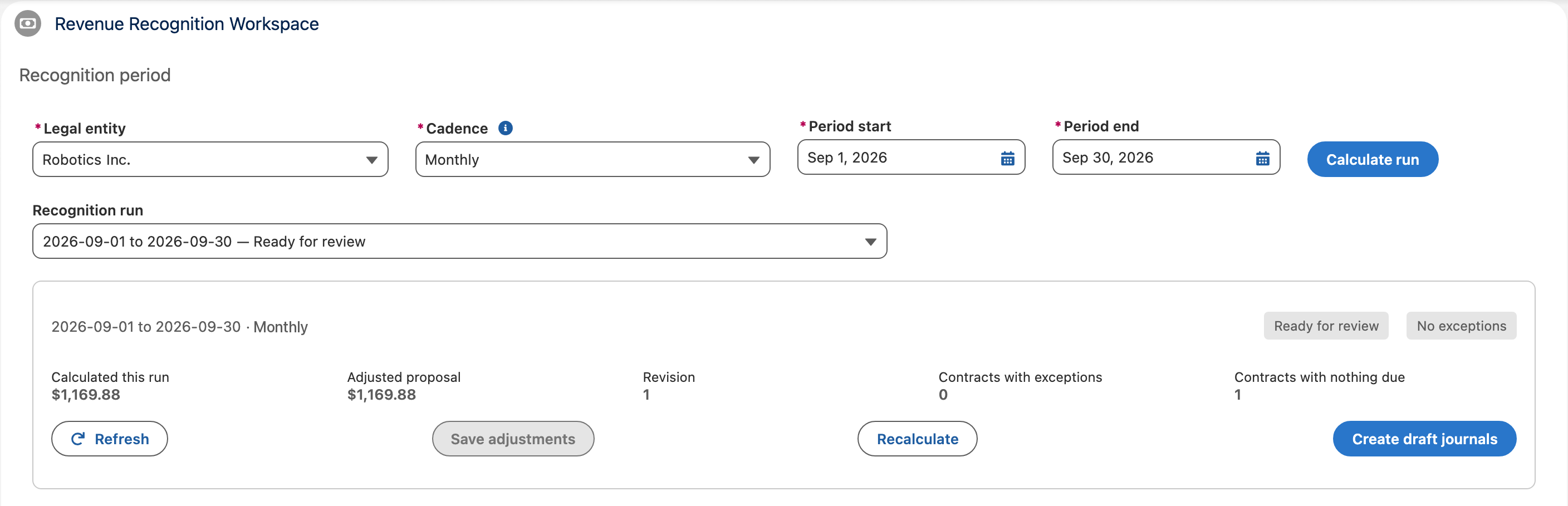 Revenue recognition workspace for Robotics Inc. on a monthly cadence, with a recognition run ready for review, its calculated total and the button that creates draft journals